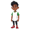 a student at a federal institute in pernambuco, he wears a white shirt with green sleeves, black pants, and red athletic shoes. he has brown skin, black hair, and brown eyes.
