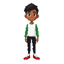 a student at a federal institute in pernambuco, he wears a white shirt with green sleeves, black pants, and red athletic shoes. he has brown skin, black hair, and brown eyes.