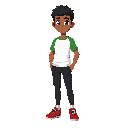 a student at a federal institute in pernambuco, he wears a white shirt with green sleeves, black pants, and red athletic shoes. he has brown skin, black hair, and brown eyes.