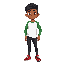a student at a federal institute in pernambuco, he wears a white shirt with green sleeves, black pants, and red athletic shoes. he has brown skin, black hair, and brown eyes.