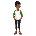 a student at a federal institute in pernambuco, he wears a white shirt with green sleeves, black pants, and red athletic shoes. he has brown skin, black hair, and brown eyes.