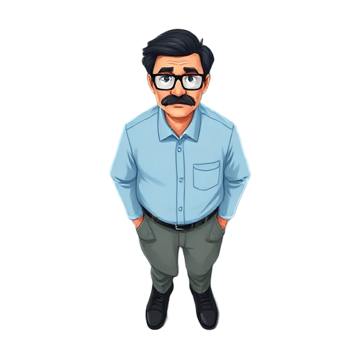 make a professor with glasses and light blue button down shirt black hair no mustache