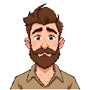 make a man with a brown beard and brown hair. make it with a slightly worn beige shirt. make it with a serious expression