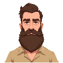 make a serious man with a brown beard and brown hair. make it with a slightly worn beige shirt.