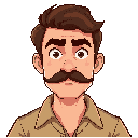 make a serious man with brown moustache and brown hair. make it with a slightly worn beige shirt.