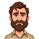 make a serious man with a little voluminous brown beard and brown hair. make it with a slightly worn beige shirt.