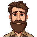 make a man with a brown beard and brown hair with very visible expression lines. make it with a slightly worn beige shirt