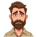 make a man with a brown beard and brown hair with a tired facial expression and very visible expression lines. make it with a slightly worn beige shirt