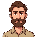 make a serious man with brown beard and brown hair. make it with a slightly worn beige shirt.