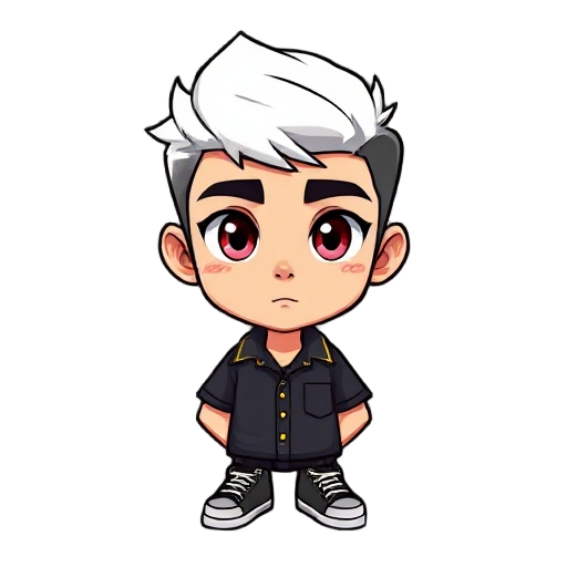 personagem com cabelos escuros branco, heterocromia ocular um olho roxo e o outro preto, ele utiliza uma camisa social com detalhes azul na gola e nas mangas, calça preta com uma listra amarela uma em cada perna e tenis cinza 