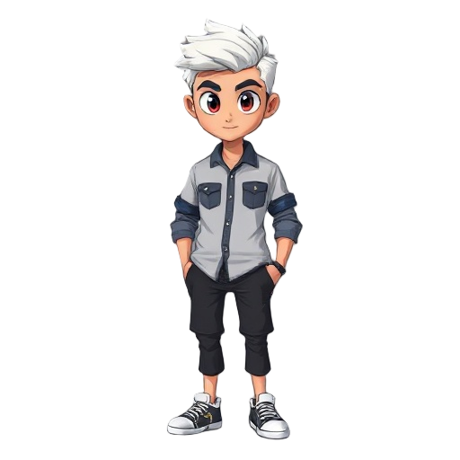 personagem com cabelos escuros branco, heterocromia ocular um olho roxo e o outro preto, ele utiliza uma camisa social com detalhes azul na gola e nas mangas, calça preta com uma listra amarela uma em cada perna e tenis cinza 