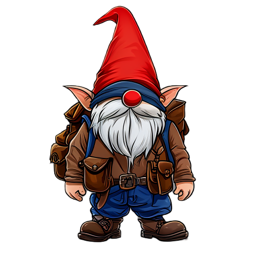 generate an image of a gnome with a long pointed red hat that covers the eyes, revealing a potato nose. a brown leather jacket worn out by time. dark blue pants. leather boots. and a backpack with many pockets. (see the generated image above)(see the gene