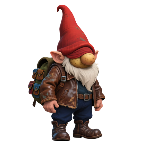 generate an image of a gnome with a long pointed red hat that covers the eyes, revealing a potato nose. a brown leather jacket worn out by time. dark blue pants. leather boots. and a backpack with many pockets. (see the generated image above)(see the gene