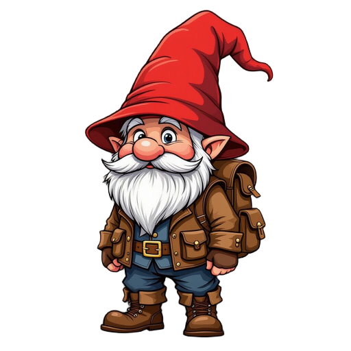 generate an image of a gnome with a long pointed red hat that covers the eyes, revealing a potato nose. a brown leather jacket worn out by time. dark blue pants. leather boots. and a backpack with many pockets. (see the generated image above)(see the gene