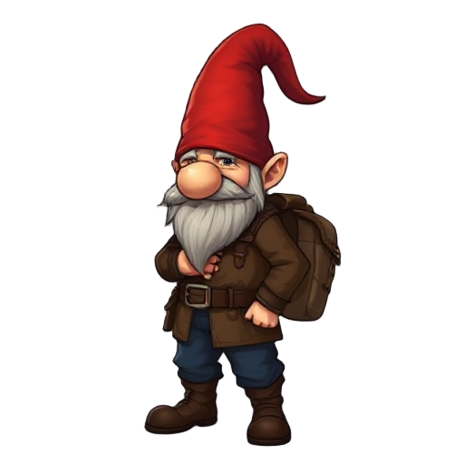 generate an image of a gnome with a long pointed red hat that covers the eyes, revealing a potato nose. a brown leather jacket worn out by time. dark blue pants. leather boots. and a backpack with many pockets. (see the generated image above)(see the gene