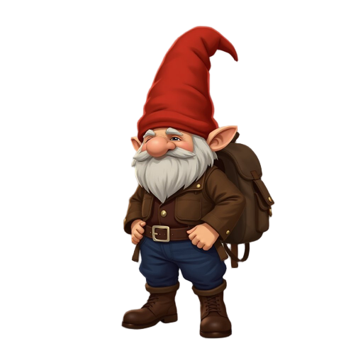 generate an image of a gnome with a long pointed red hat that covers the eyes, revealing a potato nose. a brown leather jacket worn out by time. dark blue pants. leather boots. and a backpack with many pockets. (see the generated image above)(see the gene