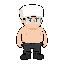 a man with a thick torso, wearing a white ushanka hat, transparent square glasses, black pants, and black boots