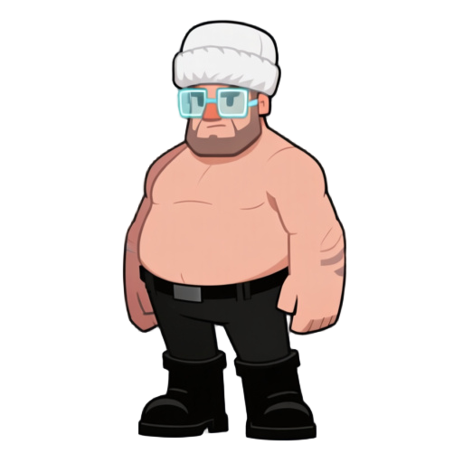 a man with a thick torso, wearing a white ushanka hat, transparent square glasses, black pants, and black boots