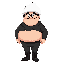 a man with a thick torso, wearing a white ushanka hat, transparent square glasses, black pants, and black boots