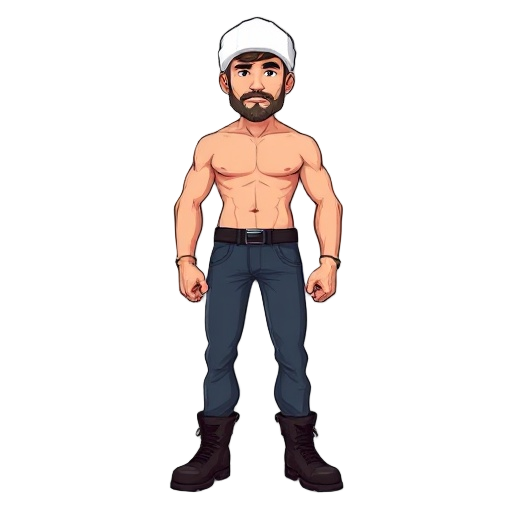 a man with a light stubble, wearing a white ushanka hat, a bare torso, dark blue jeans, and black boots.