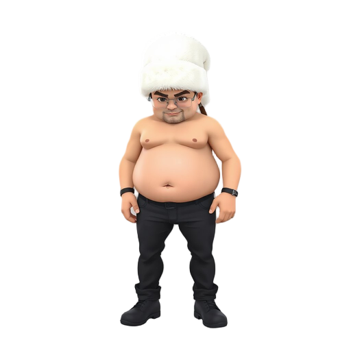 a man with a thick torso, wearing a white ushanka hat, transparent square glasses, black pants, and black boots
