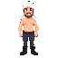 a man with a light stubble, wearing a white ushanka hat, a bare torso, dark blue jeans, and black boots.