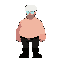 a man with a thick torso, wearing a white ushanka hat, transparent square glasses, black pants, and black boots