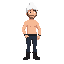 a man with a light stubble, wearing a white ushanka hat, a bare torso, dark blue jeans, and black boots.