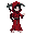 human grim reaper, scarlet red clothes, human feet and green eyes, black hair.