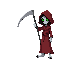 human grim reaper, scarlet red clothes, human feet and green eyes, black hair.