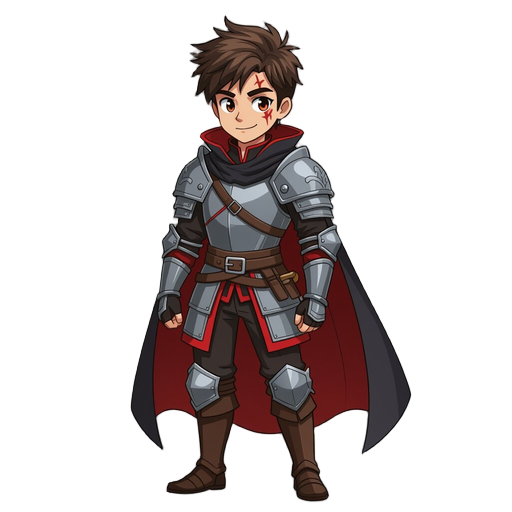 create a 2d game character named hartoryus, male, stylized body,confident pose. short messy hair, expressive face with scar, anime-inspired eyes. medieval armor with long dark cape, black with red accents.front view,transparent background,no text.2d illus