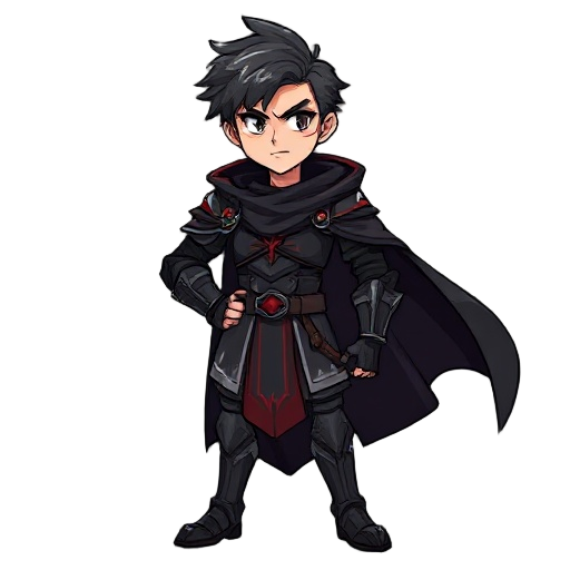 create a 2d game character named hartoryus, male, stylized body,confident pose. short messy hair, expressive face with scar, anime-inspired eyes. medieval armor with long dark cape, black with red accents.front view,transparent background,no text.2d illus