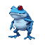 a giant blue frog. it's standing on its hind legs and has red eyes. it has black stripes on its body. it looks mean.