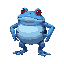 a giant, fat blue frog. it stands on its hind legs and has red eyes. it has black stripes on its body. it has a mean-looking face.
