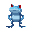 a giant blue frog. it's standing on its hind legs and has red eyes. it looks mean. 