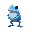 a giant blue frog. it is standing on its two hind legs.