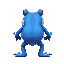 a giant blue frog. it's standing on its hind legs and has red eyes. it looks mean. facing away from the camera