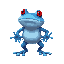 a giant blue frog. it's standing on its hind legs and has red eyes. it looks mean.