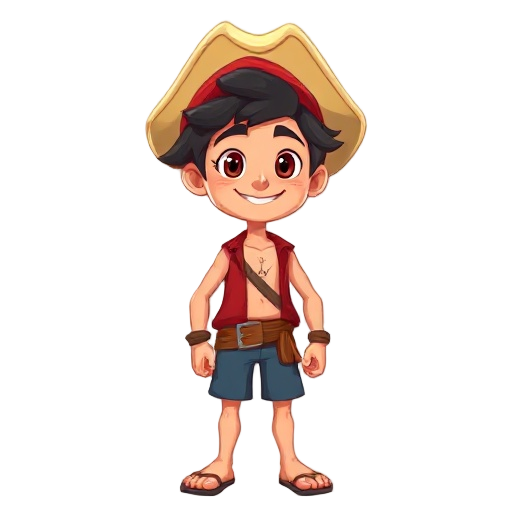 young male pirate, slim athletic build, lean body, light tan skin, black messy hair, short hair, big round eyes, cheerful expression, confident smile, scar under left eye, small x-shaped scar on chest, straw hat with red band, red sleeveless vest, blue sh