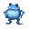 a giant, fat blue frog. it stands on its hind legs and has red eyes. it has black stripes on its body. it has a mean-looking face.