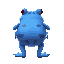 a giant, fat blue frog. it stands on its hind legs and has red eyes. it has black stripes on its body. .facing away from the camera