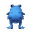 a giant, fat blue frog. it stands on its hind legs and has red eyes. it has black stripes on its body. .facing away from the camera