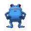 a giant, fat blue frog. it stands on its hind legs and has red eyes. it has black stripes on its body. it has a mean-looking face.facing away from the camera