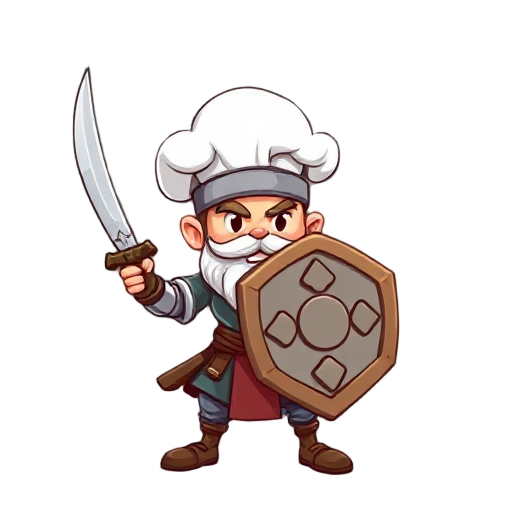 chef warrior with clever sword and cutting board shield