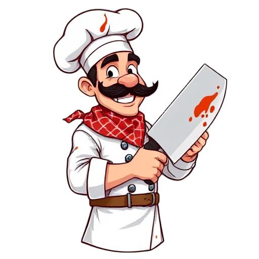 white chef hat tilted back, sauce-splattered white coat, red checkered bandana, rolled sleeves, thick black curly mustache, huge gleaming cleaver gripped in right hand, wooden cutting board strapped to left forearm, grin like he's about to murder dough.