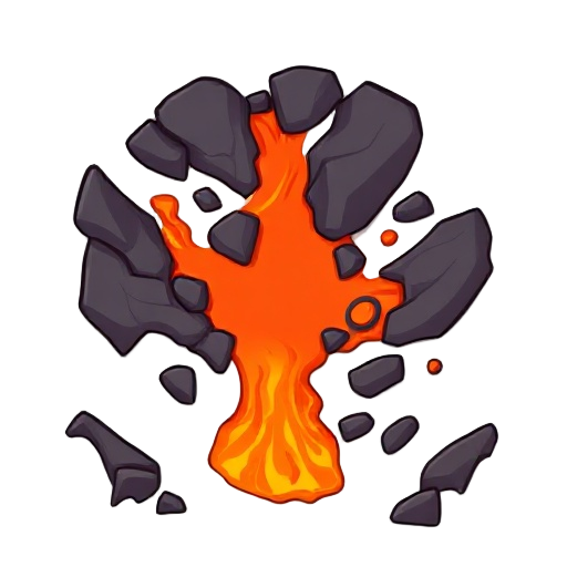 2d game asset for a mobile tower defense game. simple cartoon style, low detail, not realistic. top-down view. only flowing lava in the center. no rocks, no borders, no outlines, no environment. transparent background. the lava should look like it is flow