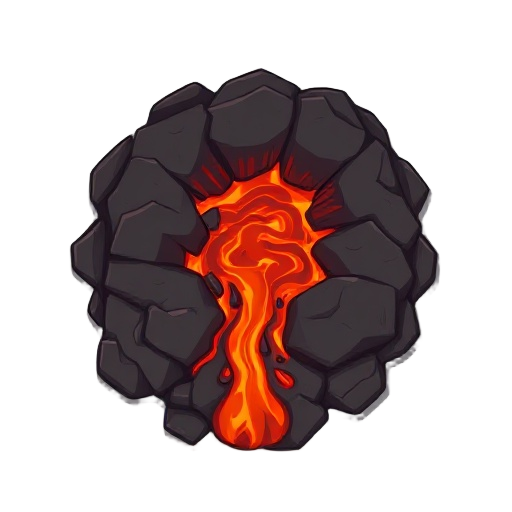2d game asset for a mobile tower defense game. simple cartoon style, low detail, not realistic. top-down view. only flowing lava in the center. no rocks, no borders, no outlines, no environment. transparent background. the lava should look like it is flow