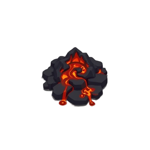 2d game asset for a mobile tower defense game. simple cartoon style, low detail, not realistic. top-down view. only flowing lava in the center. no rocks, no borders, no outlines, no environment. transparent background. the lava should look like it is flow