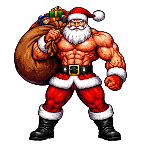 full-body santa claus with an extremely muscular body, heroic stance, carrying a large sack of gifts, retro 16-bit style, detailed, vibrant colors.