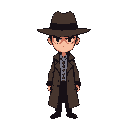 a simple killer, outwardly appearing as a person with a normal life and discipline, but inwardly a killer who murders those who wronged him. let it be a pixelated image. he should have a hat and a long coat.his face looked stern.
